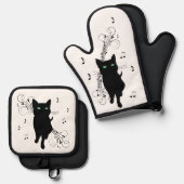 Black Cat Surrounded by Whispering Notes of Music 鍋つかみ&鍋敷きセット (正面/裏面)