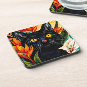 Black Cat Surrounded With Flowers コースター (左側)