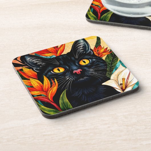 Black Cat Surrounded With Flowers コースター (左側)