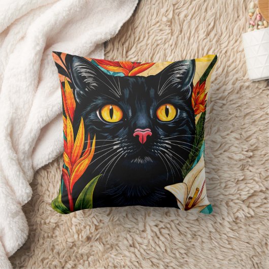 Black Cat Surrounded With Flowers Pillow クッション (ブランケット)