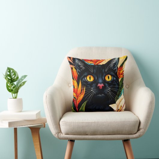 Black Cat Surrounded With Flowers Pillow クッション (椅子)
