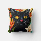 Black Cat Surrounded With Flowers Pillow クッション (正面)