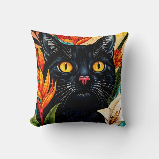 Black Cat Surrounded With Flowers Pillow クッション (正面)
