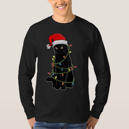 Black Cat Tangled Up In Christmas Lights Santa Hat Tシャツ (正面)