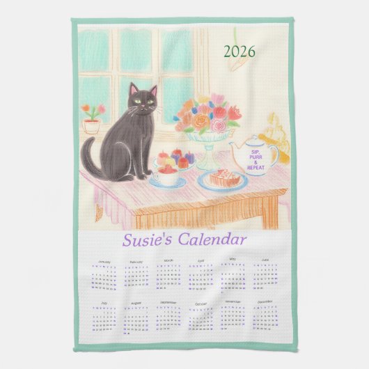 Black Cat & Tea Party Kitchen Towel Calendar キッチンタオル (縦)