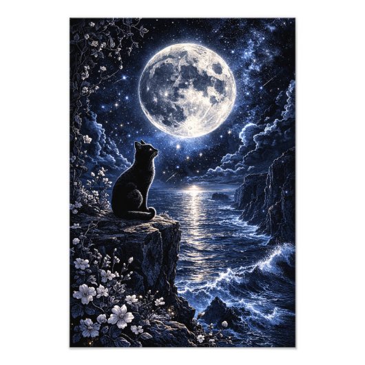 Black Cat Under Full Moon Ocean Night Fantasy Wall フォトプリント (正面)