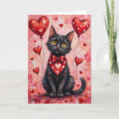 Black Cat Valentine Sitting with Hearts Red カード (正面)