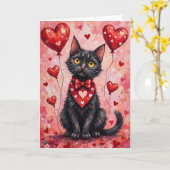 Black Cat Valentine Sitting with Hearts Red カード (黄色い花)