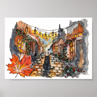 Black Cat Village Road Halloween Watercolor ポスター