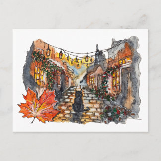 Black Cat Village Road Halloween Watercolor ポストカード