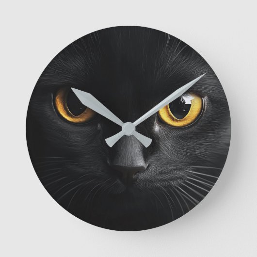 Black Cat Wall Clock with Striking Yellow Eyes - M ラウンド壁時計 (正面)
