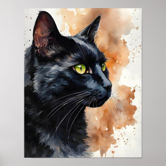 Black Cat Watercolor Elegant Feline Wall Art Print ポスター