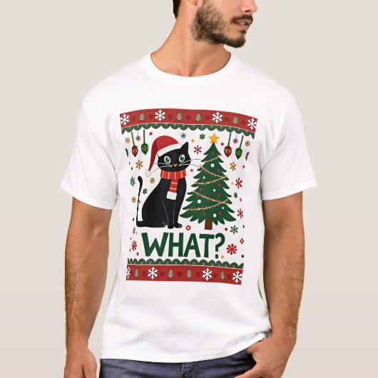 Black Cat What Pushing Christmas Tree Funny Cat Xm Tシャツ (正面)