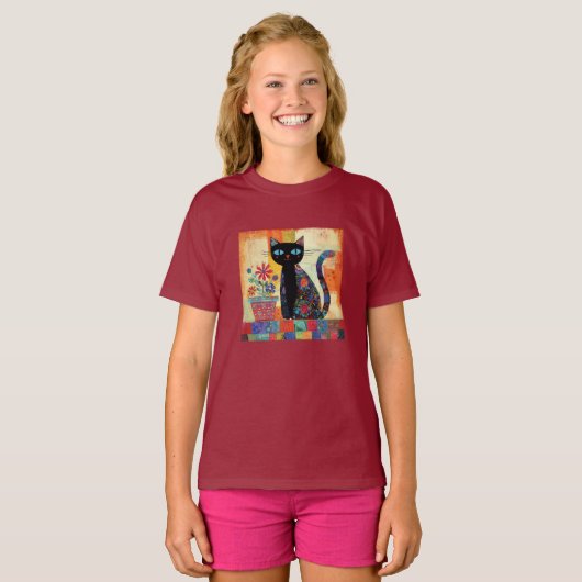 Black Cat Whimsical Artwork Tシャツ (正面フル)