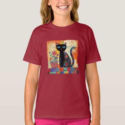 Black Cat Whimsical Artwork Tシャツ (正面)