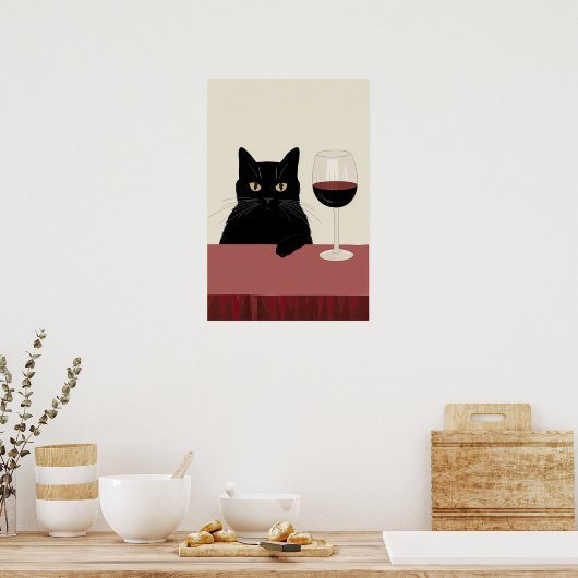 Black Cat Wine Lover Funny ポスター (キッチン)