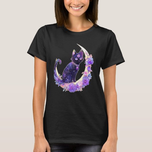 Black Cat Witch Crescent Moon Witchy Crystal Paste Tシャツ (正面)