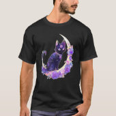 Black Cat Witch Crescent Moon Witchy Crystal Paste Tシャツ (正面)