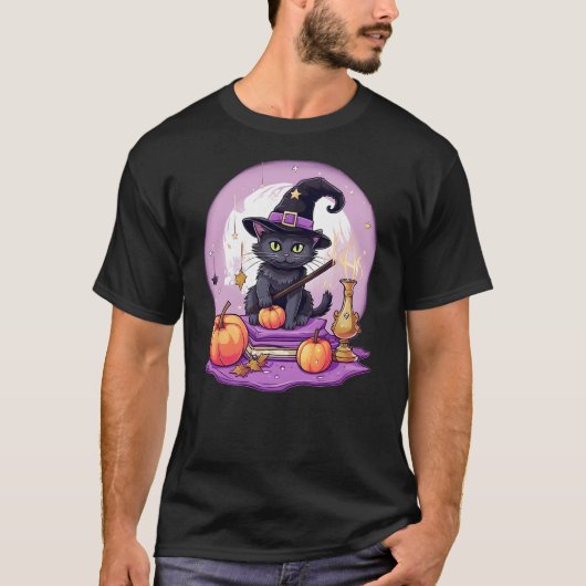 Black Cat Witch Halloween Toddler Girls Womens Moo Tシャツ (正面)