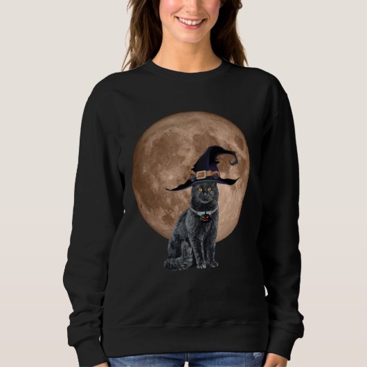 Black Cat Witch Hat Moon Halloween Scary and Fun C スウェットシャツ (正面)