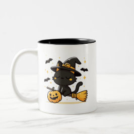 Black Cat Witch on Broomstick & Pumpkin Halloween  ツートーンマグカップ