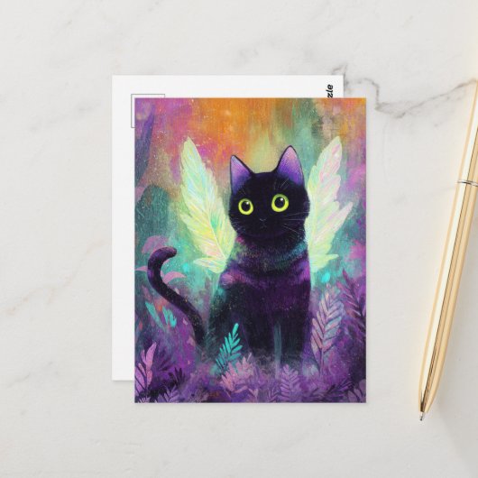 Black Cat With Angel Wings ポストカード (正面/裏面インサイチュ)