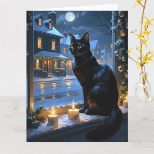 Black Cat With Christmas Lights Holiday カード (黄色い花)