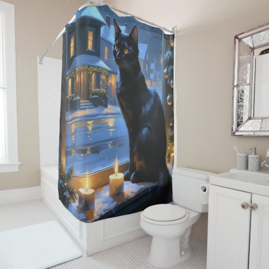 Black Cat With Christmas Lights Holiday シャワーカーテン (インサイチュ)