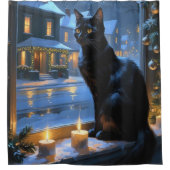 Black Cat With Christmas Lights Holiday シャワーカーテン (正面)