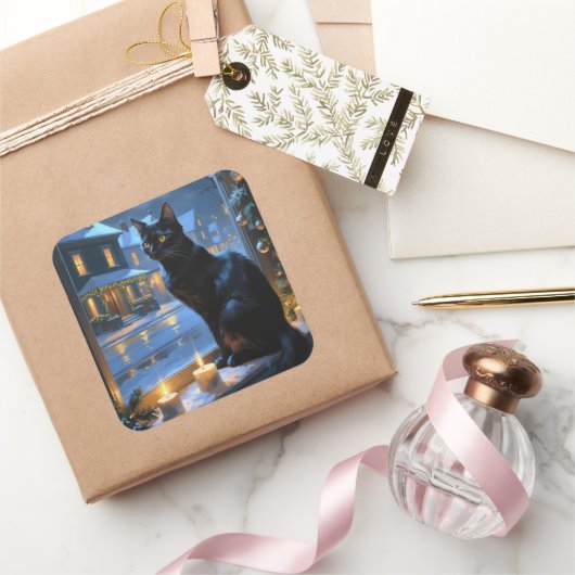 Black Cat With Christmas Lights Holiday スクエアシール (ギフト)