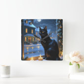 Black Cat With Christmas Lights Holiday スクエア壁時計 (ホーム)