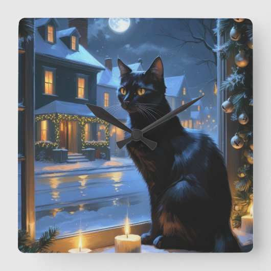 Black Cat With Christmas Lights Holiday スクエア壁時計 (正面)
