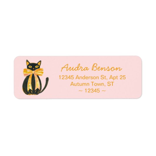 Black cat with coquette bow return address labels ラベル (正面)
