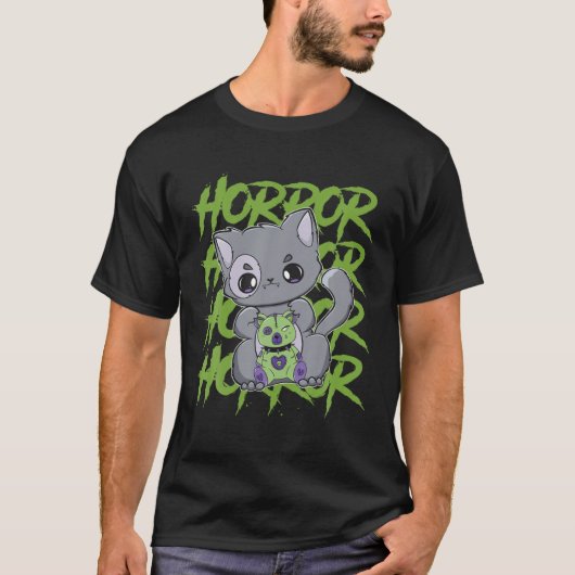 Black Cat With Eddy Bear For Horror Fans Tシャツ (正面)
