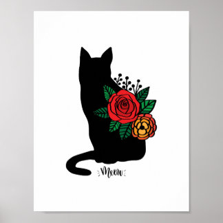 Black Cat With Flowers ポスター