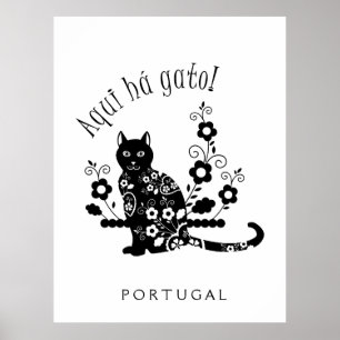 Black cat with flowers and Portuguese expression ポスター