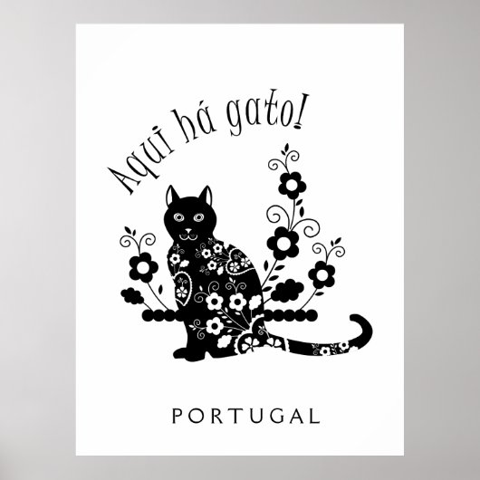 Black cat with flowers and Portuguese expression ポスター (正面)