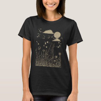 Black Cat with Moon & Flowers Happy Halloween Cost Tシャツ