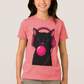 Black Cat with Pink Phone Head – Funny Minimalist  トライブレンドＴシャツ (正面)