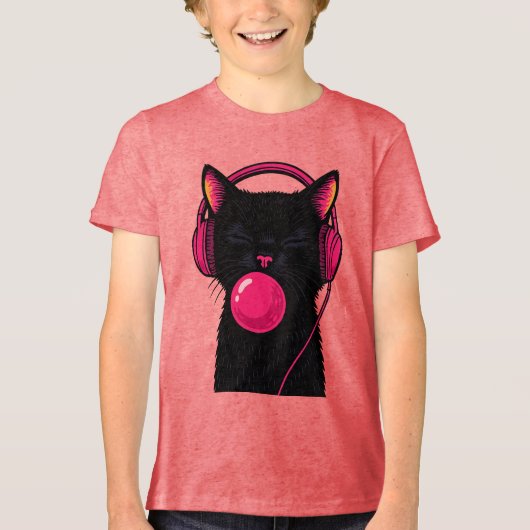 Black Cat with Pink Phone Head – Funny Minimalist  トライブレンドＴシャツ (正面)