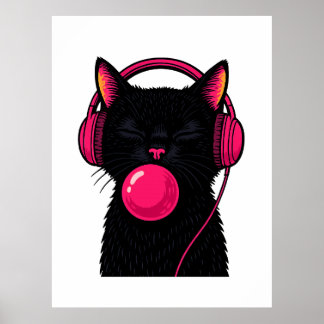 Black Cat with Pink Phone Head – Funny Minimalist  ポスター