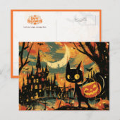 Black Cat with Pumpkin Bucket by the Castle シーズンポストカード (正面/裏面)