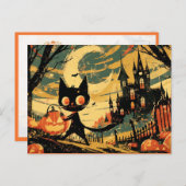Black Cat with Pumpkin Bucket by the Castle シーズンポストカード (正面/裏面)