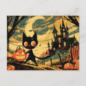 Black Cat with Pumpkin Bucket by the Castle シーズンポストカード (正面)
