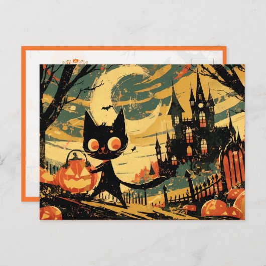 Black Cat with Pumpkin Bucket by the Castle ポストカード (正面/裏面)