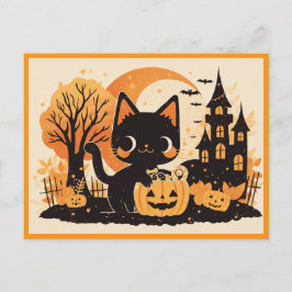 Black Cat with Pumpkin Candy Bucket シーズンポストカード
