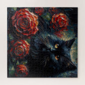 Black Cat With Red Roses Gothic Puzzle ジグソーパズル (横)