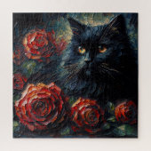 Black Cat With Red Roses Gothic Puzzle ジグソーパズル (縦)