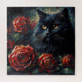 Black Cat With Red Roses Gothic Puzzle ジグソーパズル