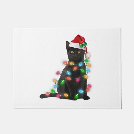 Black Cat With Santa Hat Christmas Lights ドアマット (正面)